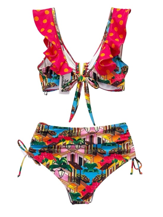 NWT Sporlike Tropical Town Print Bikini Set Ruffle Top High Waist Bottom Small - Picture 3 of 14